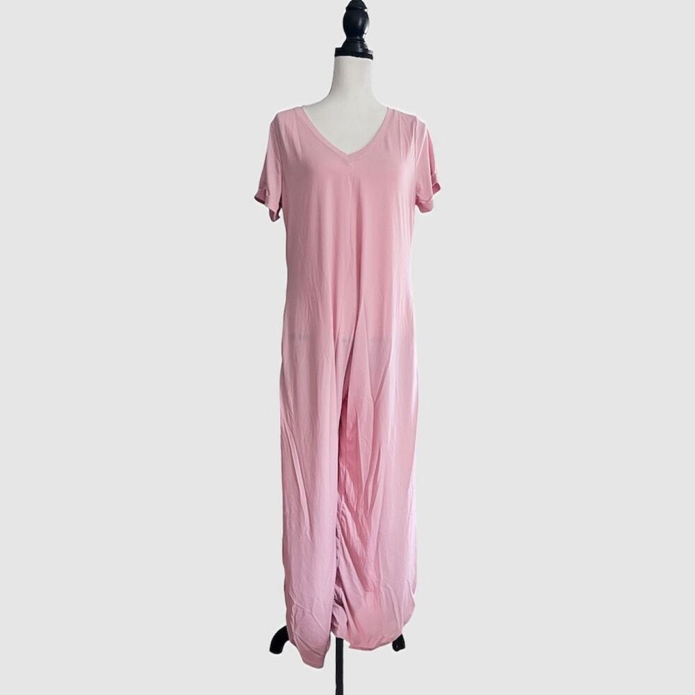Halara Pink Wide Leg Lounge Jumpsuit V Neck Side Slit Soft Stretch S NWT